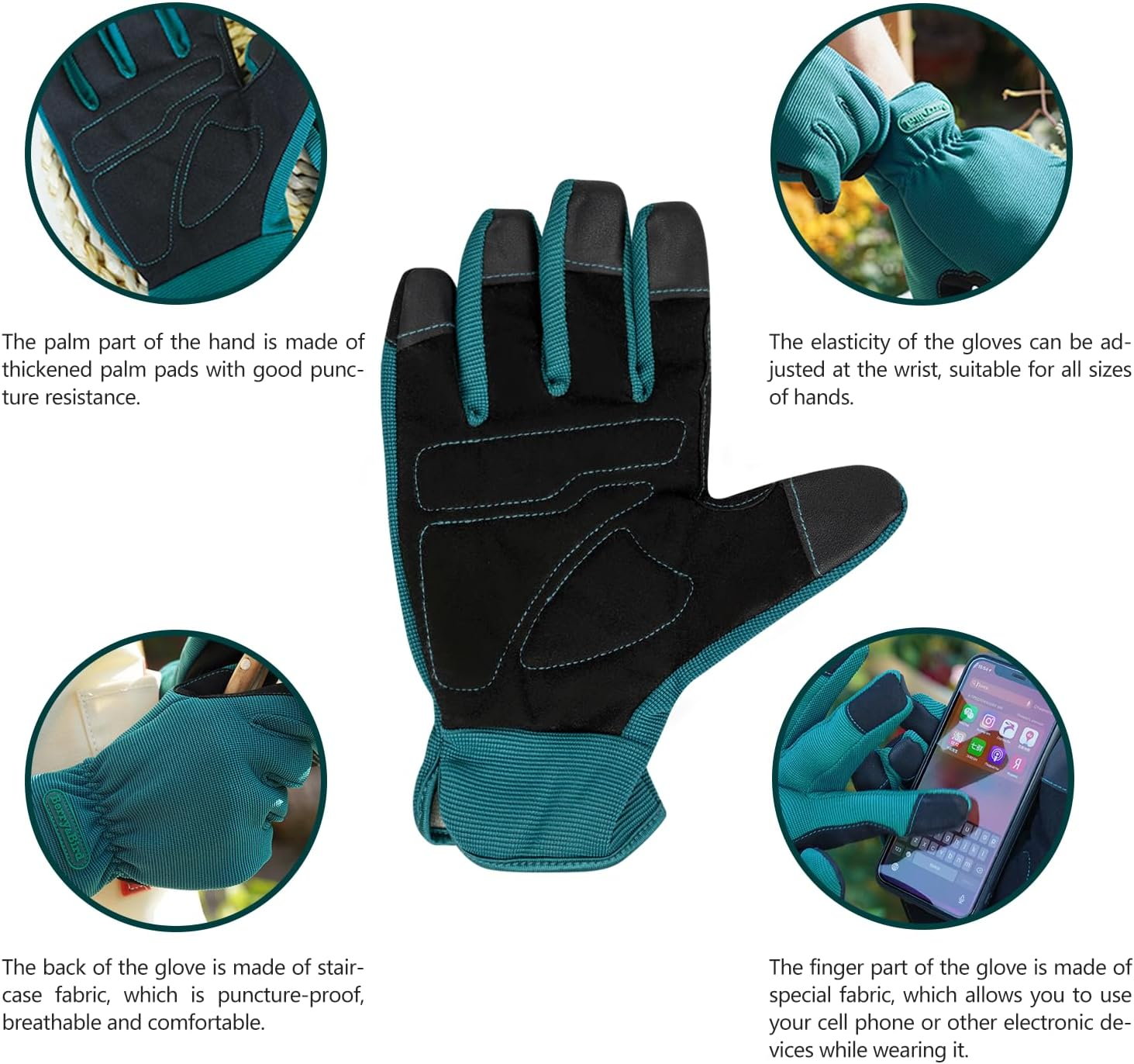 Berry&Bird Elastic Band Design Thorn Proof Gardening Gloves, Breathable, Wear Resistant, Touch Screen, for Pruning Moon Season, Roses and Other Thorny Plants, Unisex (1 Pair, Dark Green) image number 6