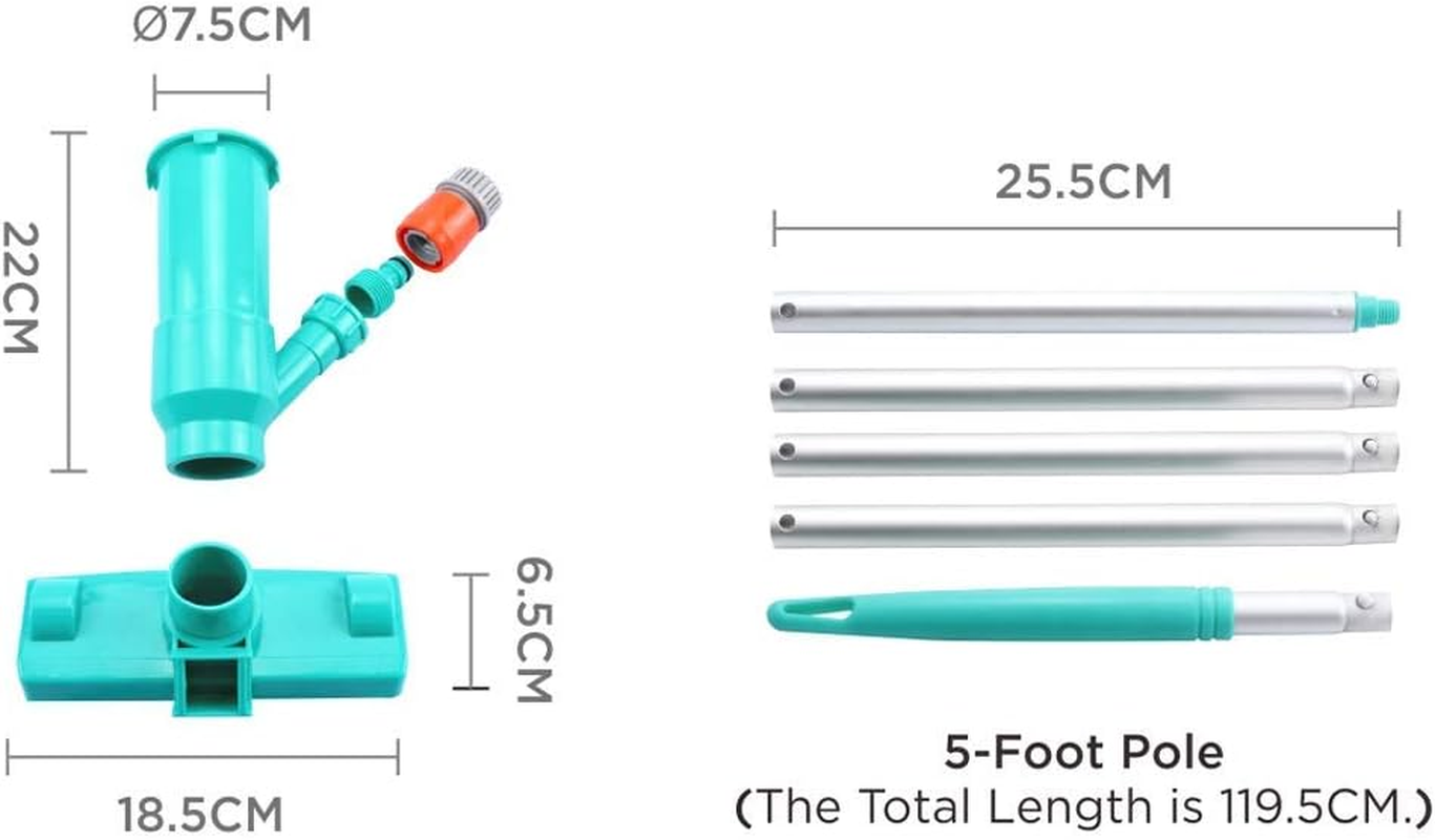 POOLWHALE Portable Pool Vacuum Jet Underwater Cleaner W/Brush,Bag,6 Section Pole of 56.5"(No Garden Hose Included),For above Ground Pool,Spas,Ponds & Fountains image number 3