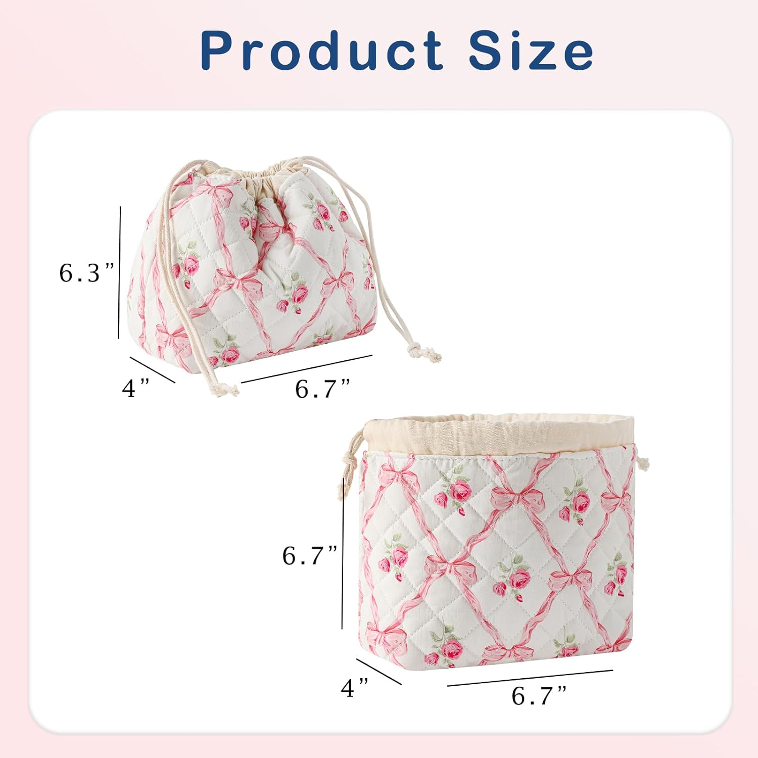 Cotton Quilted Drawstring Makeup Bag with Canvas Lining,Coquette Aesthetic Cute Travel Toiletry Bag,Drawstring Gift Bag for Women and Girls, 03Pink Bows
