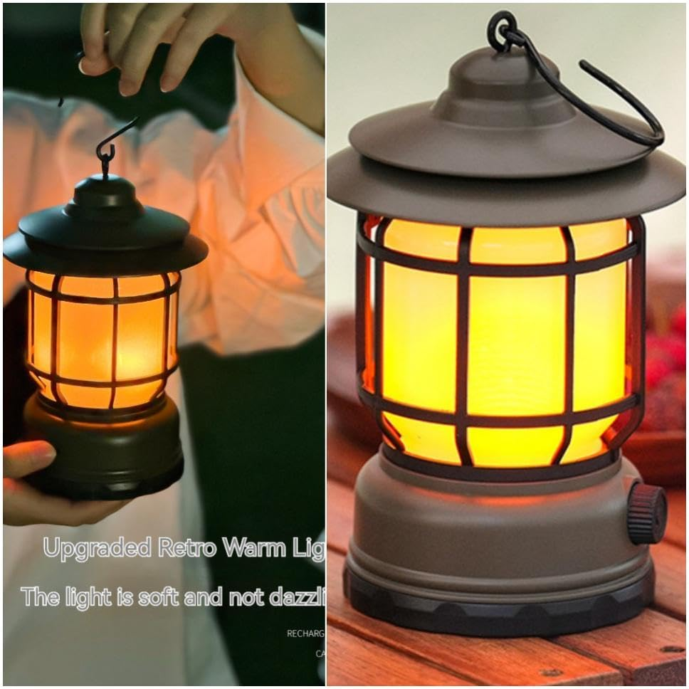 Clearhill Rechargeable Camping Lantern, Flame Decorative Table Lamp, 2 Modes LED Light with Hook,Dimmable Vintage Style,Portable Waterproof Camping Light for Indoor/Outdoor Use
