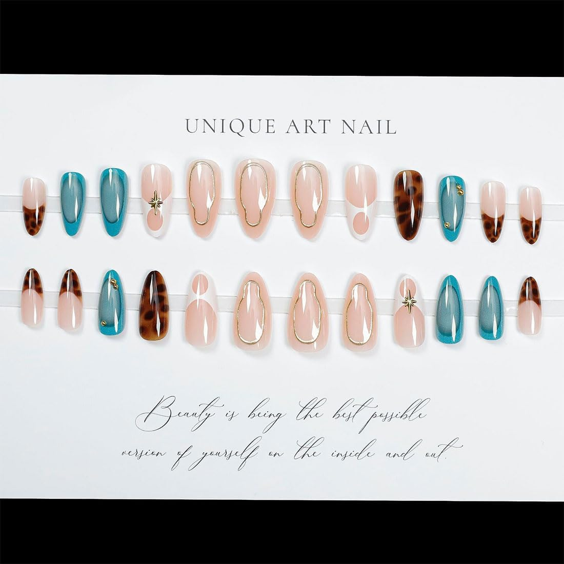 Leopard Print Press on Nails Medium Almond,Retro Style False Nails with 3D Irregular Lines Design,Unique French Fake Nails,24Pcs Brown Blue Acrylic Nails for Women - New False-E image number 3