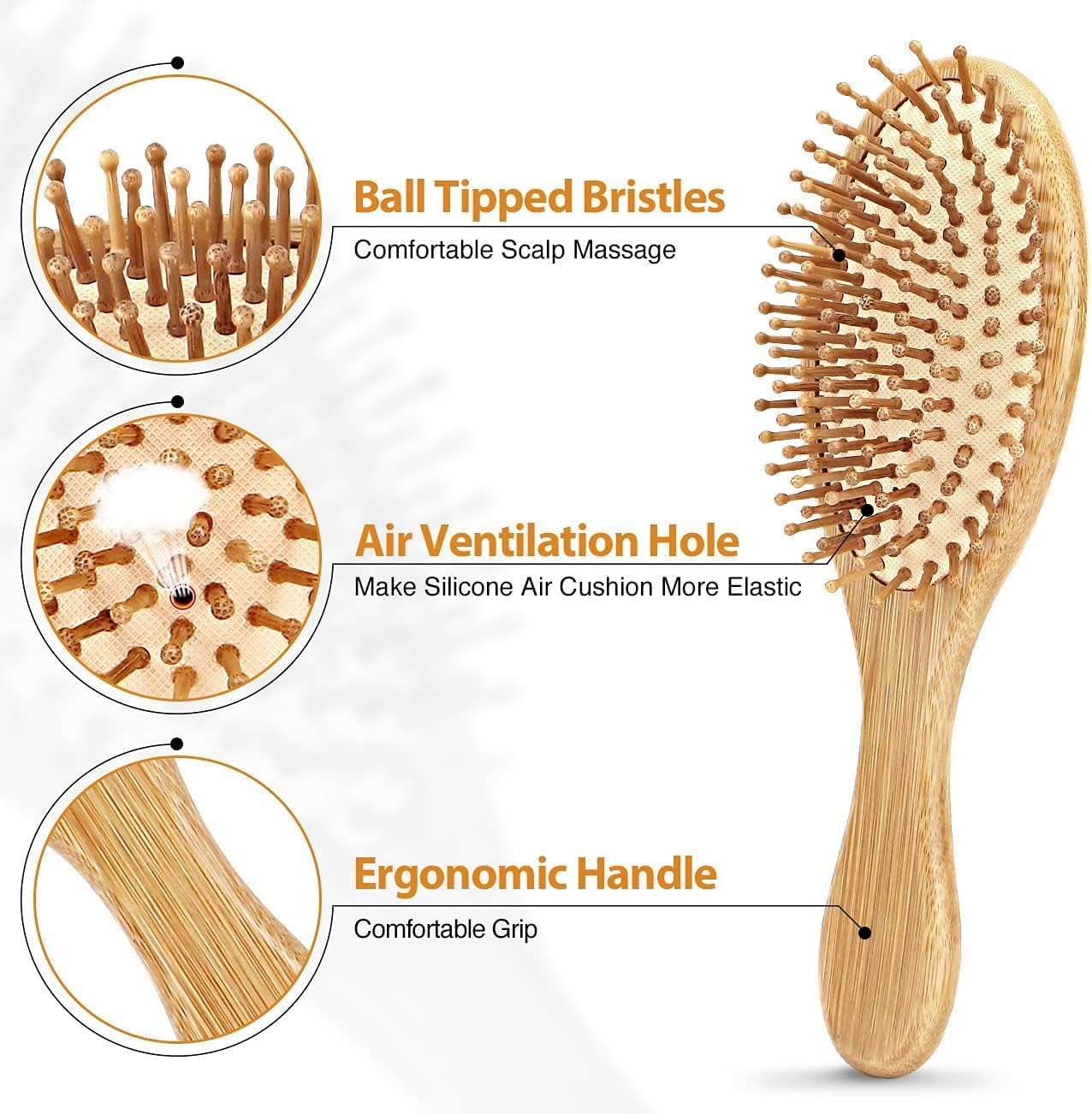 Wooden Paddle Hair Brush with Strong & Flexible Wooden Bristles Having anti Static Ball Tips,For Grooming, Straightening, Smoothing, Detangling Hair, Ideal for Men, Women & Kids (Ovel) image number 2