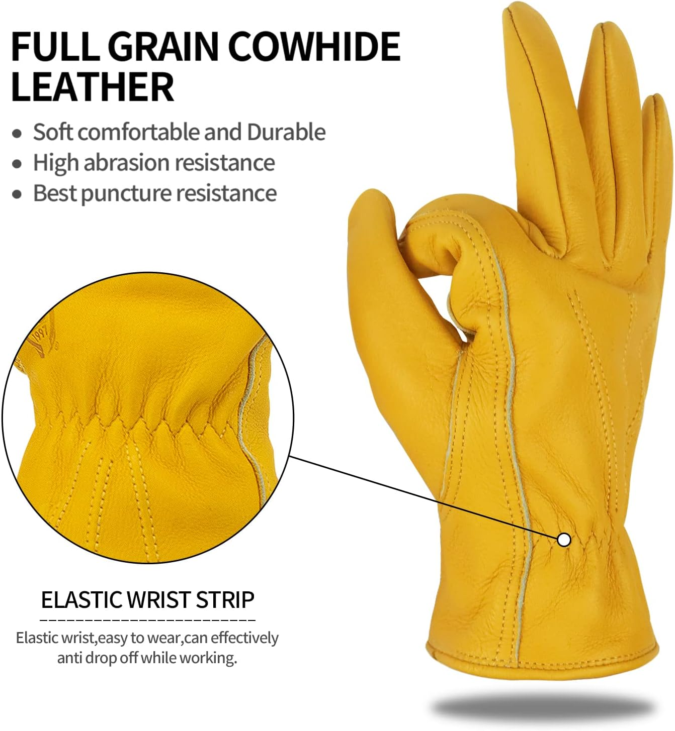 Leather Work Gloves for Men & Women, Reinforced Durable Gardening Gloves,Cowhide Work Gloves,Puncture & Cut Resistant image number 3