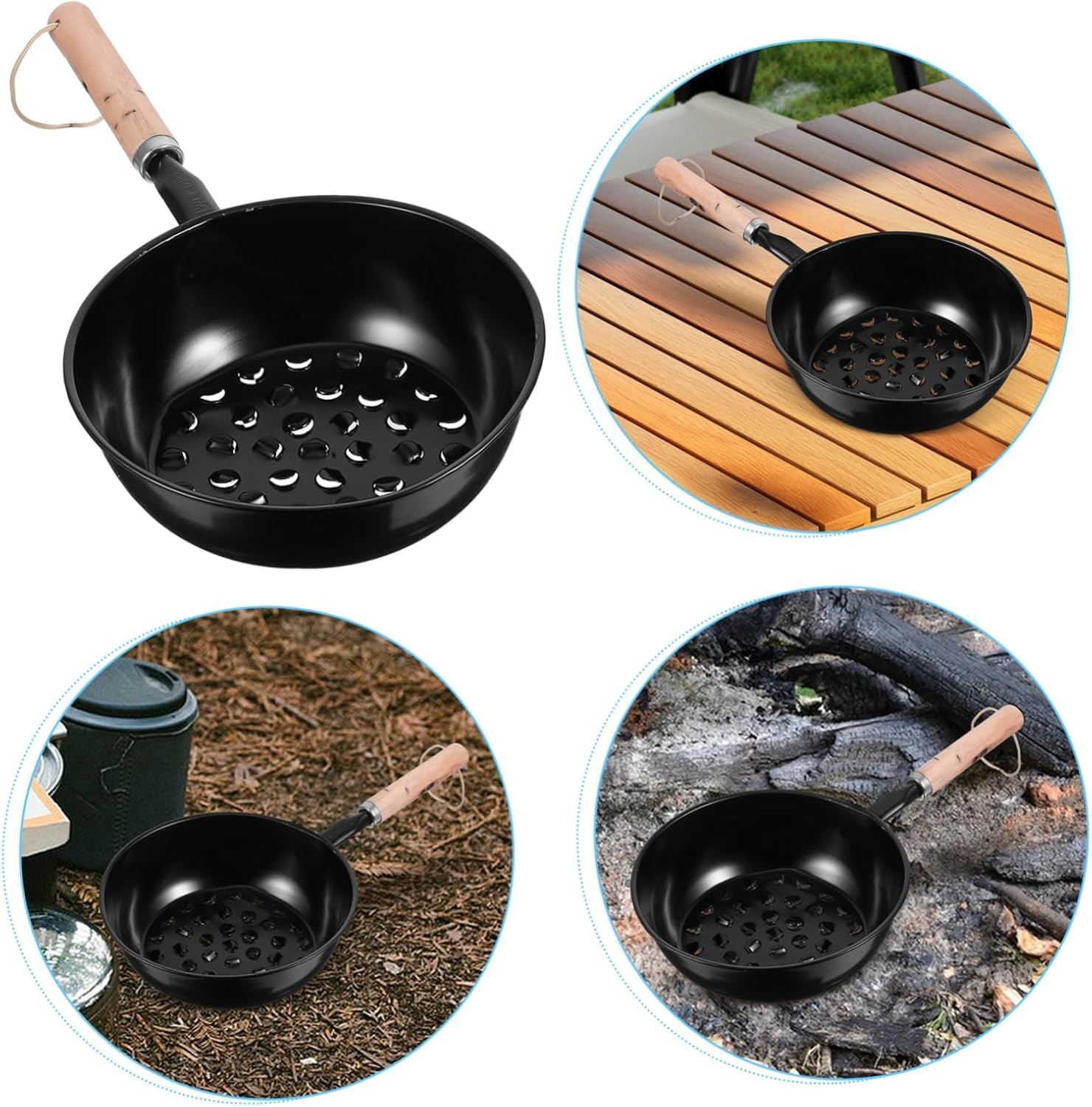 Camping Chimney Starter Pot with Long Wooden Handle Portable Charcoal Brazier for Outdoor Camping BBQ Grilling Easy Clean Chestnut Roasting Pan and Barbecue Tool image number 2