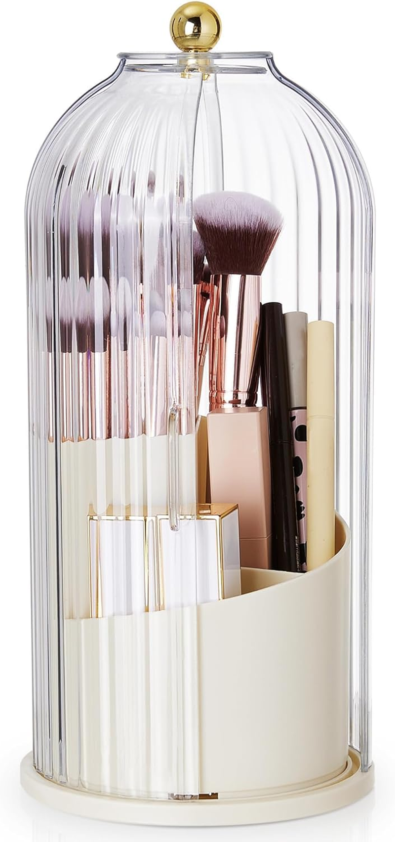 STORICANS Makeup Brush Holder Rotating Organiser with Clear Lid，Sliding Opening Dustproof Makeup Brush Case Makeup Organizer Storage for Dressing Table Organiser,Vanity,White