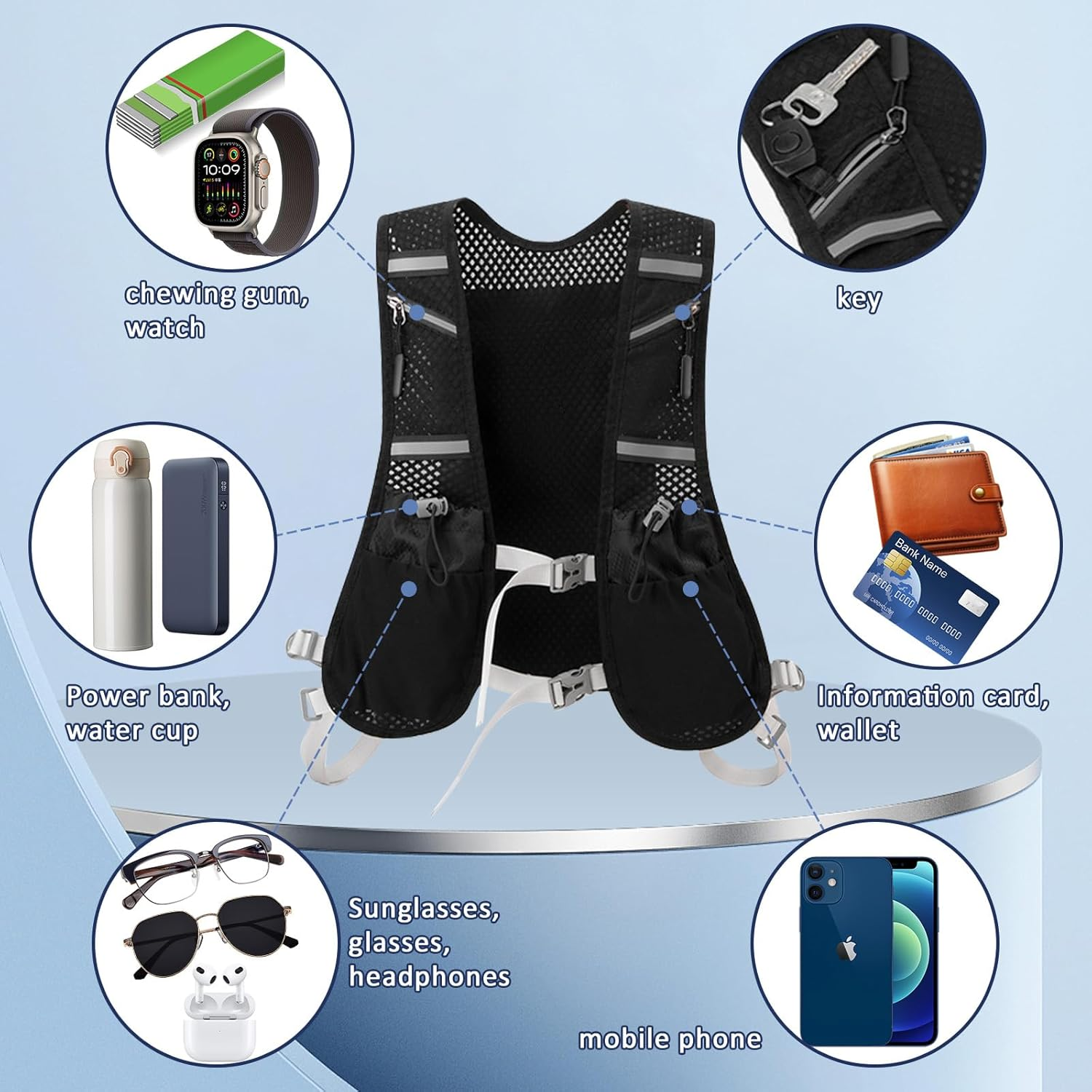 Pearyaest Running Water Vest,Reflective Safety Strip,Adjustable Waistband,Running Vest Backpack with 1L Hydration Pack for Men Women image number 6