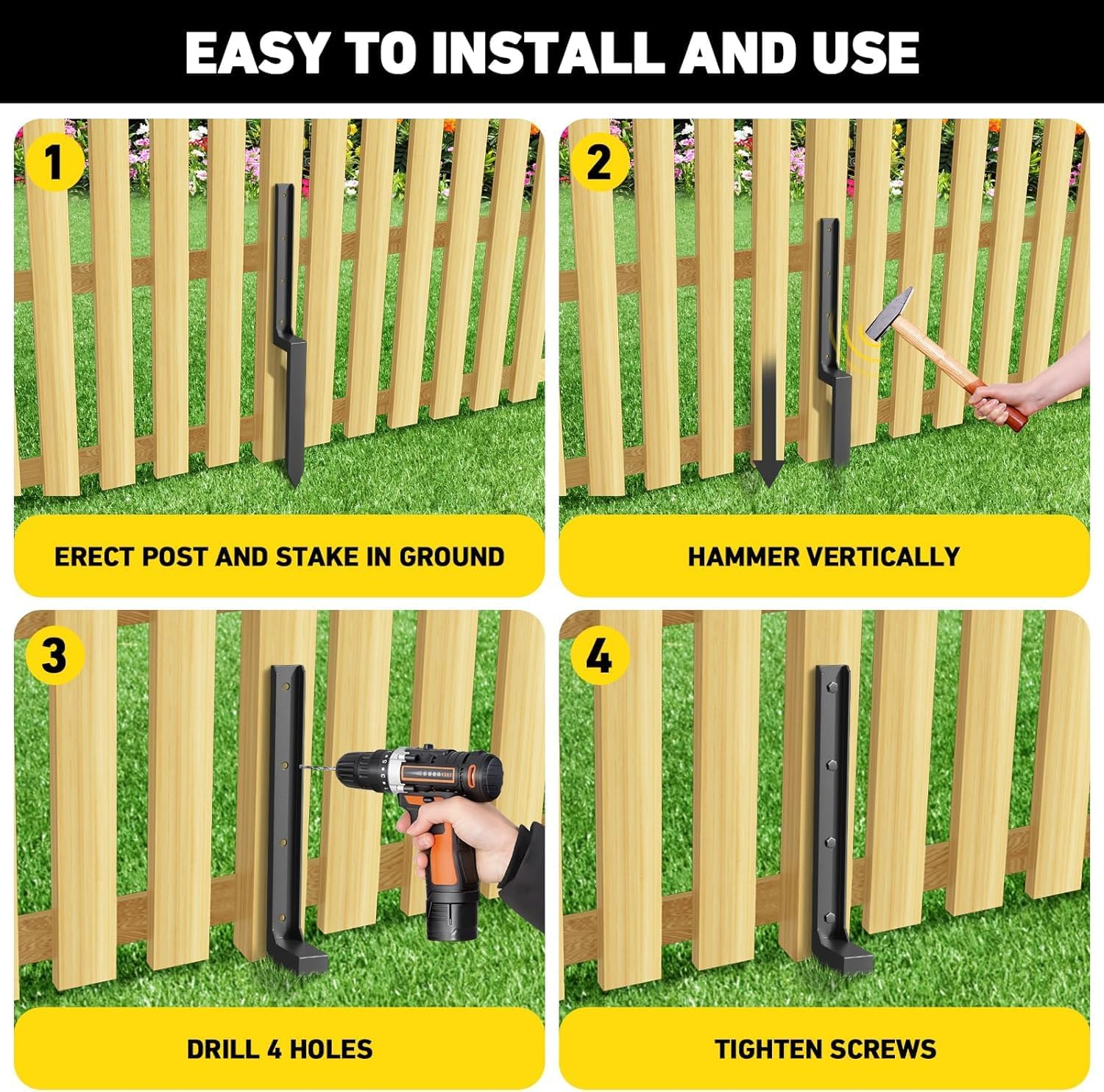 2 Pack Thicker Fence Post Repair Kit, Steel Fence Post Stakes, 34 Inches Anchor Ground Spike for Repairing Broken Wood Fence Post image number 5