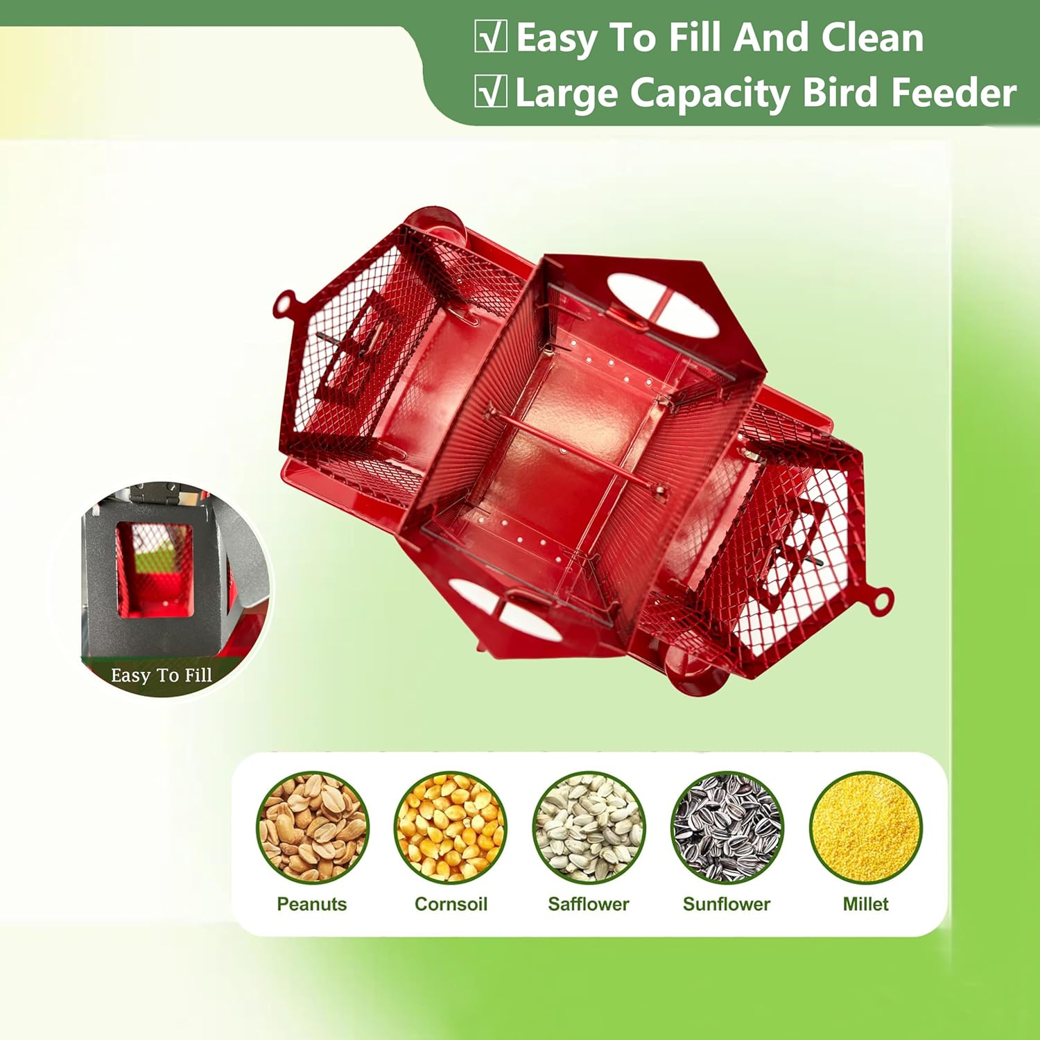 Bird Feeder Solar Bird Feeders House for outside Hanging, Metal Wild Bird Feeder for Outdoors, Large Capacity Birdhouse Bird Feeders (Cute House-Red)