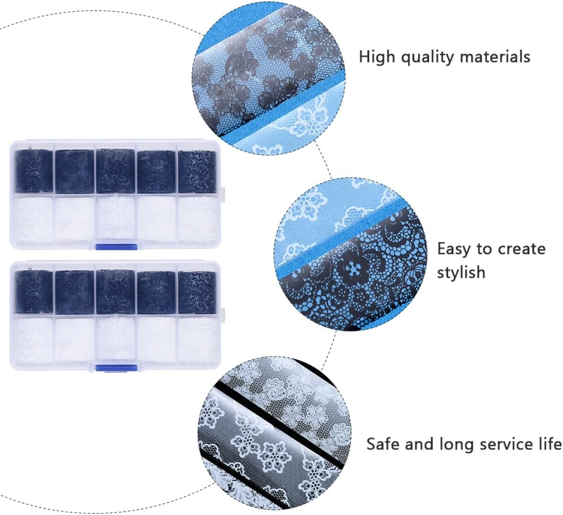 TEHAUX 2 Boxes Black and White Lace Nail Art Stickers Set, 10 Styles Decorative Nail Charms Decals for Creative Manicure and Salon Use image number 2