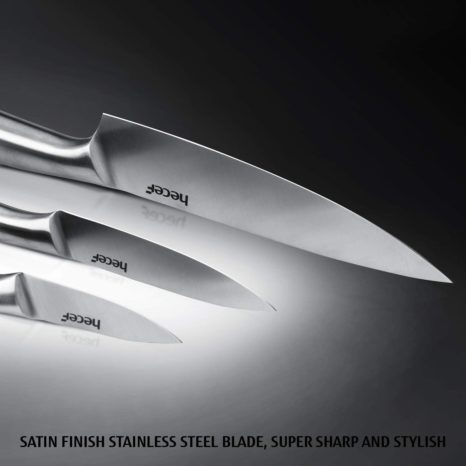 Hecef Silver Kitchen Knife Set of 5, Satin Finish Blade with Hollow Handle, Includes 8" Chef, 8" Bread, 8" Santoku, 5" Utility and 3.5" Paring Knife image number 1