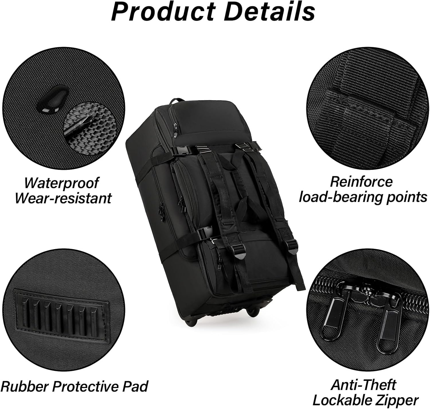 Mfinesun Rolling Duffle Bag with Wheels, 80L 31-Inch Large Foldable Travel Duffel Bags Durable, Tear-Resistant Heavy-Duty Luggage Bag, Black, Duffle Bag with Wheels image number 3