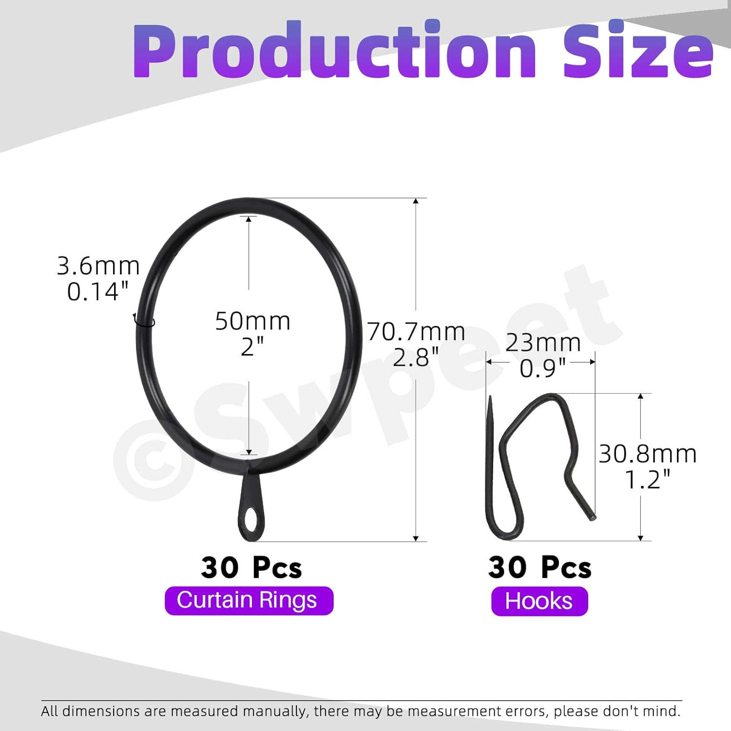 Swpeet 60Pcs 50Mm/2" Inner Diameter Black Metal Curtain Ring with Pin-On Drapery Hooks Assortment Kit, Drape Sliding Eyelet Ring Metal Curtain Hooks, for Window Door Shower Curtain image number 3