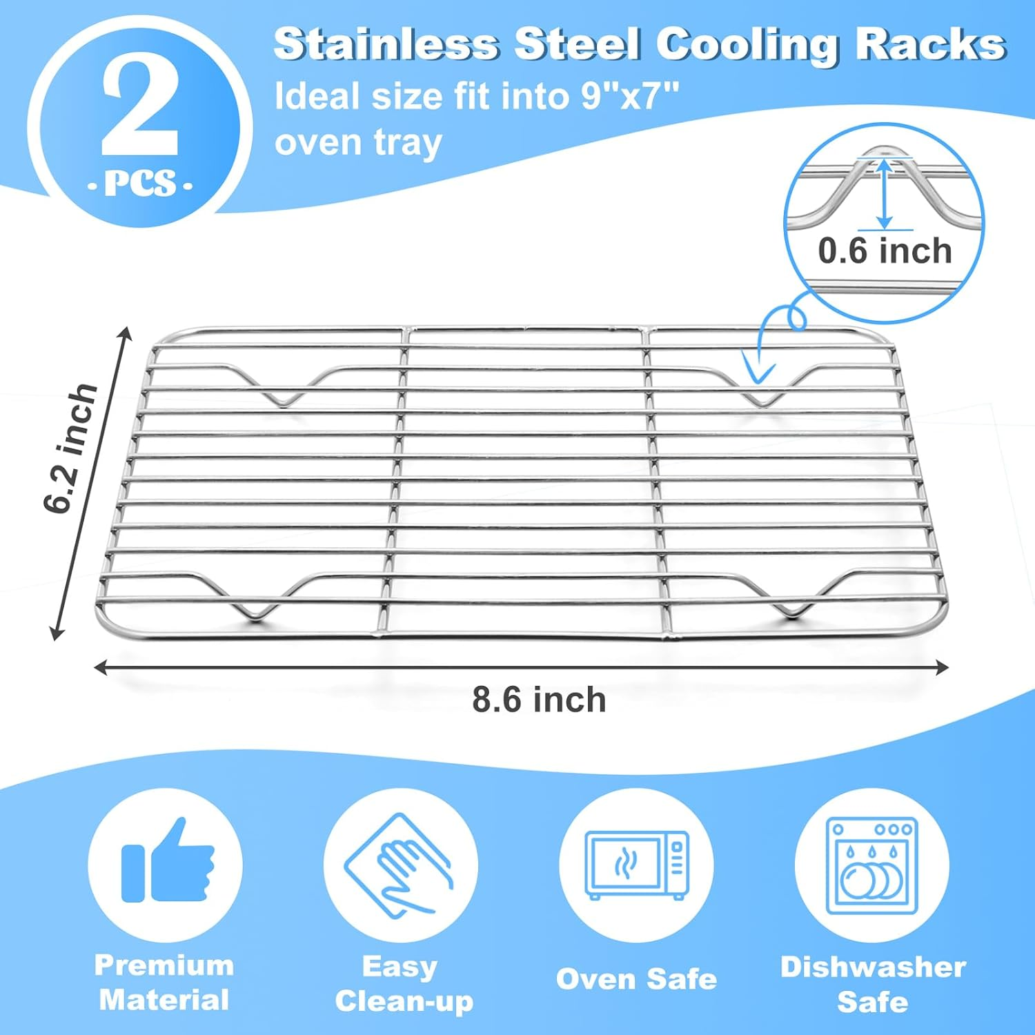 P&P Chef Baking Rack Pack of 2, Stainless Cooling Rack for Cooking Baking Roasting Grilling Drying, Rectangle 8.6'' X 6.2'' X0.6'', Fits Small Toaster Oven, Oven & Dishwasher Safe image number 3