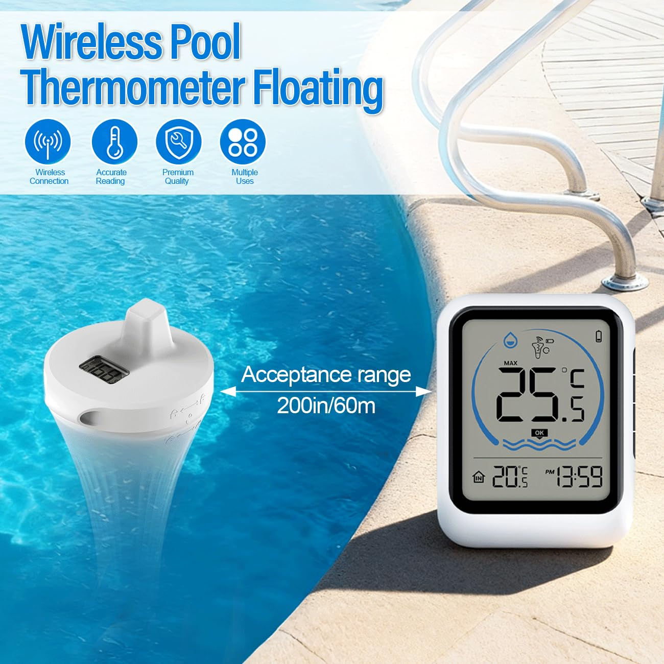 Pool Thermometer Floating,Waterproof Easy Read Wireless Pool Thermometer,-40&deg;C to +70&deg;C,LCD Screen Digital Pool Thermometer,For Outdoor Indoor Swimming Pools, Spas,Hot Tubs image number 1