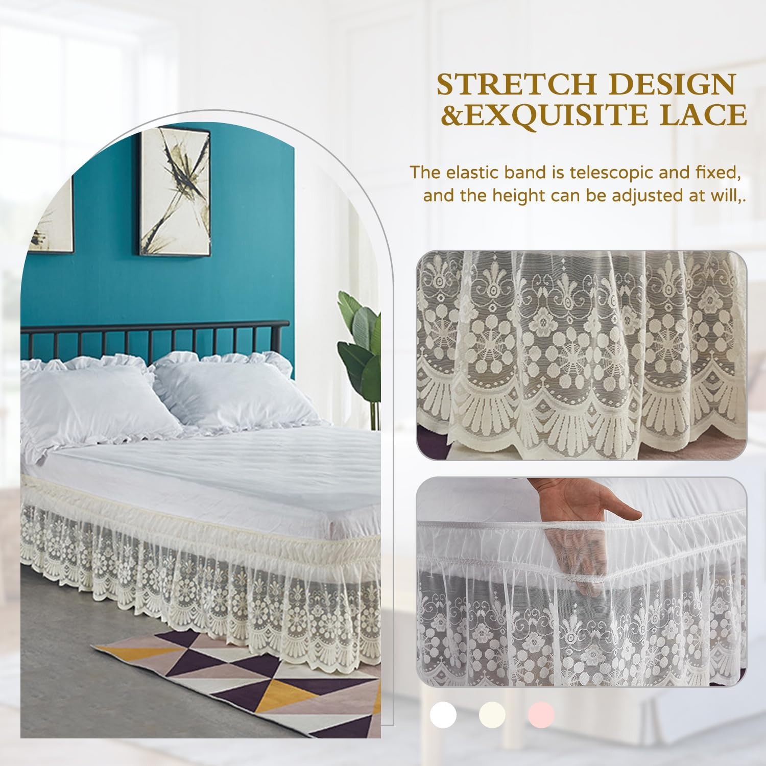 15" Drop Lace Bed Skirt for Twin/Full/Queen/King Bed, Elastic Dust Ruffle Bedskirt Wrap around Bed Skirt - 3 Sides of Bed image number 2