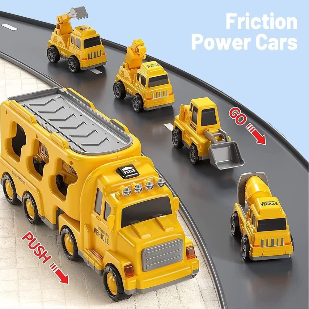 Construction Toddler Truck Toys for 3 4 5 6 Year Old Boys 5-In-1 Friction Power Vehicle Car Toy for Toddlers 1-3, Carrier Truck Toys for Kids 3-5 image number 4