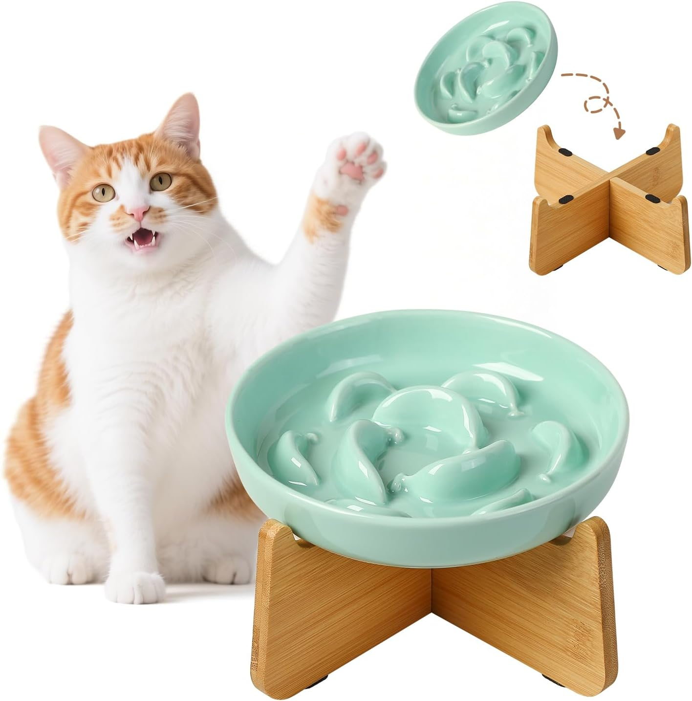 Ceramic Pastel Series Slow Feeder Bowl - Cute Maze Cat Food Plate for Healthy Eating - Fun Puzzle Feeder Dish - Dishwasher Safe - 6.3''W X 1.2''H - 7 OZ - Pale Blue
