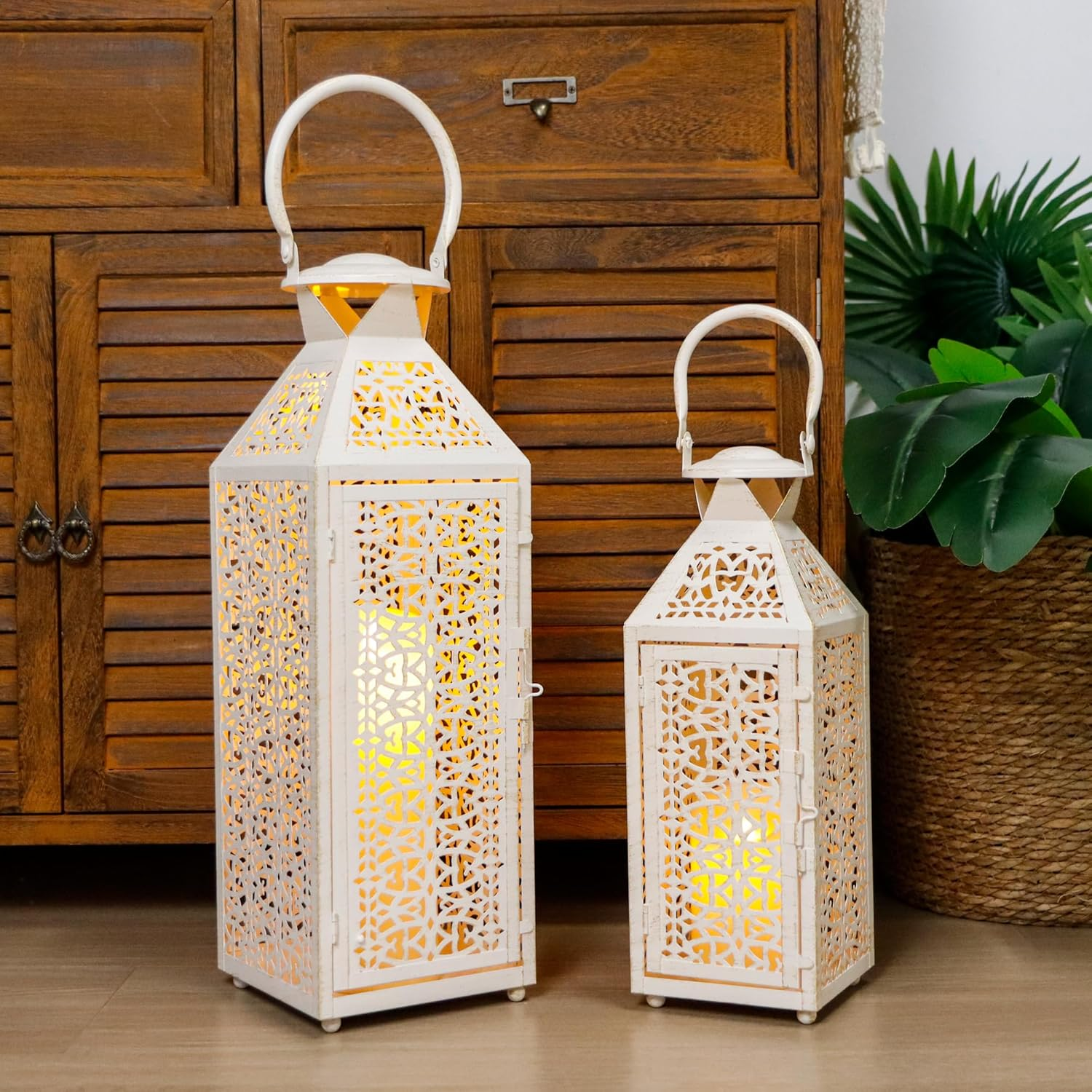 JHY DESIGN Set of 2 Vintage Candle Lanterns 19"&14''H Moroccan Decorative Metal Candle Holders with Hollow Pattern for Garden Porch Shelf Indoor Outdoor Parties Weddings Patio(White Brushed Gold) image number 1