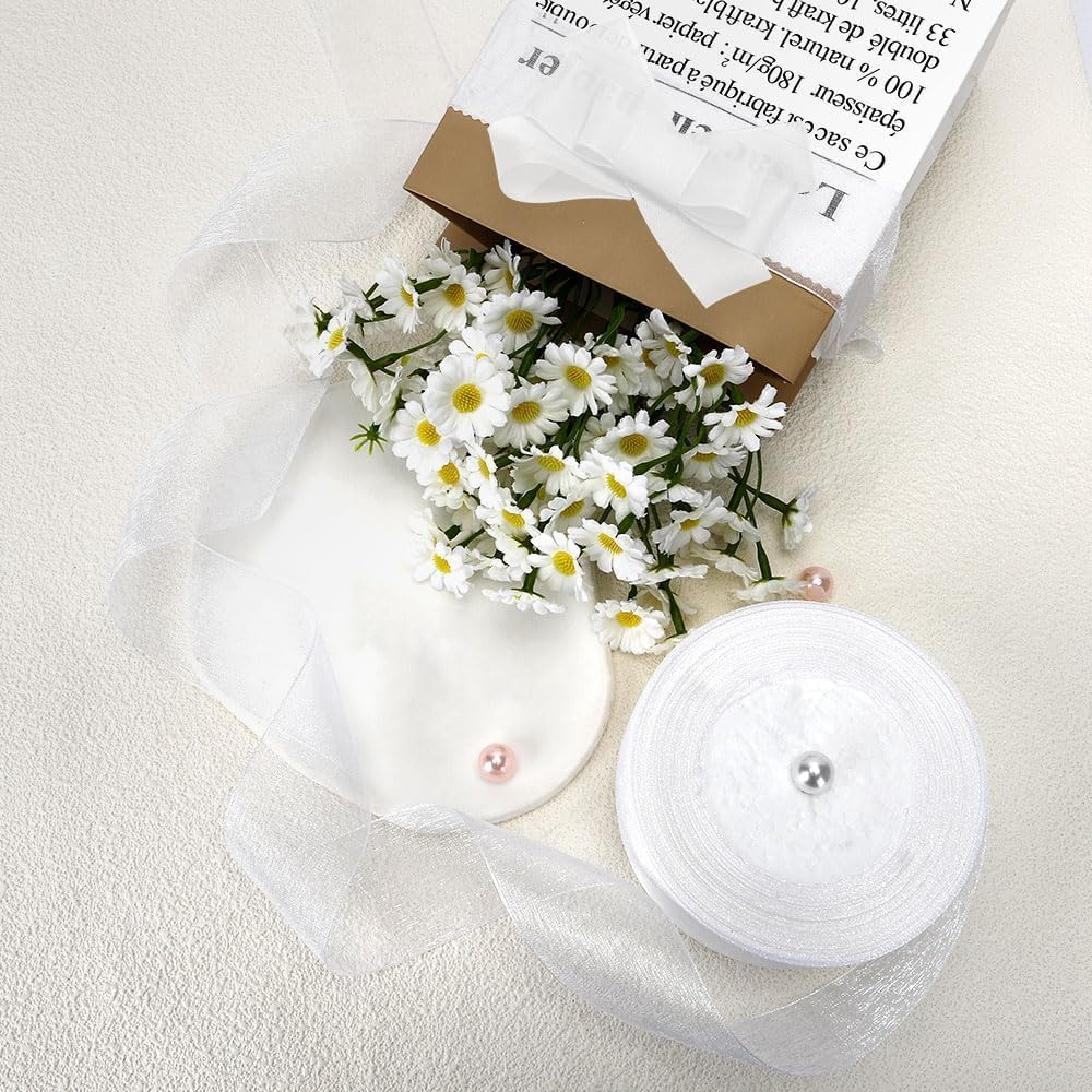 White Ribbon 1 1/2 Inch Chiffon Ribbon Organza Ribbon Sheer Organza Ribbon 50 Yards Tulle White Ribbon for Gift Wrapping Halloween Christmas Ribbons for Crafts Wedding Ribbon for Flower Bouquet Hair image number 2