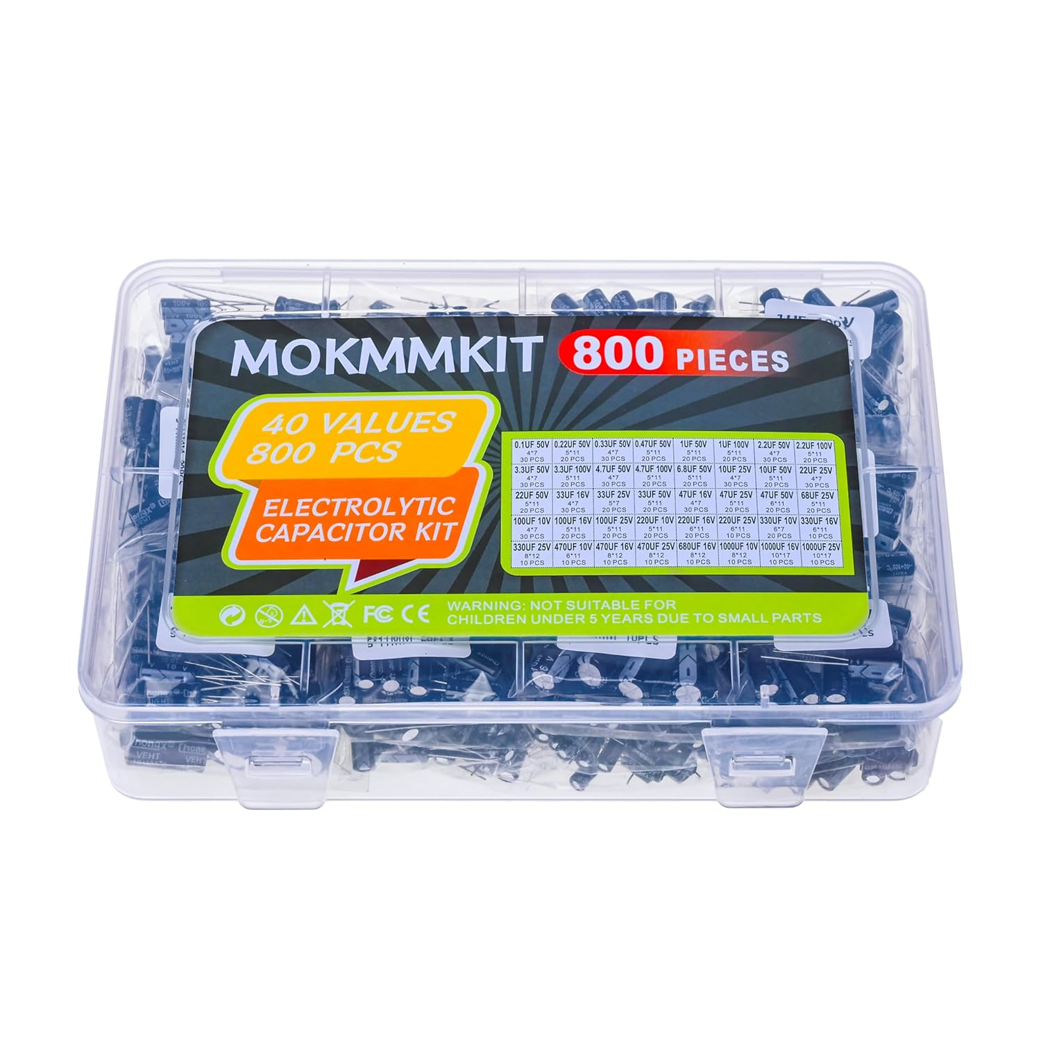 40 Values 800 Pieces, 0.1Uf-1000Uf, 10V 16V 25V 50V 100V, Electrolytic Capacitor Assortment Kit, DIY In-Line Aluminum Capacitors Set, Direct Insertion Series image number 4