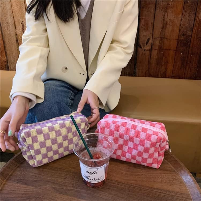 2Pcs Checkered Makeup Bag Knitted Cosmetic Bag,Large Capacity Makeup Bag and 1Pc Pencil Case Makeup Brush Storage Bag Knitted Toiletry Bag,Knitted Pencil Pen Case Storage Bag Large Knitted Purse,Pink image number 6