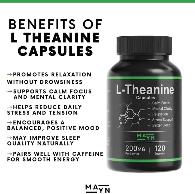 MAYN L-Theanine Capsules &ndash; Natural Relaxation, Stress Relief & Focus Support Supplement &ndash; 200Mg Vegan, Non-Gmo, Clean Formula for Calm Mood & Mental Clarity &ndash; 120 Capsules image number 4