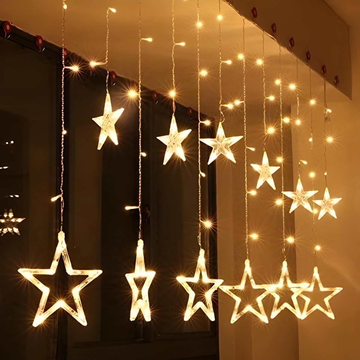 Theapro Curtain Fairy Lights 3.5 M 138 LED 12 Stars Battery Operated USB Powered with 8 Mode Waterfall Backdrop for Outdoor Indoor Bedroom Christmas Diwali Party Decorations (Warm White) - Multi-Color image number 4