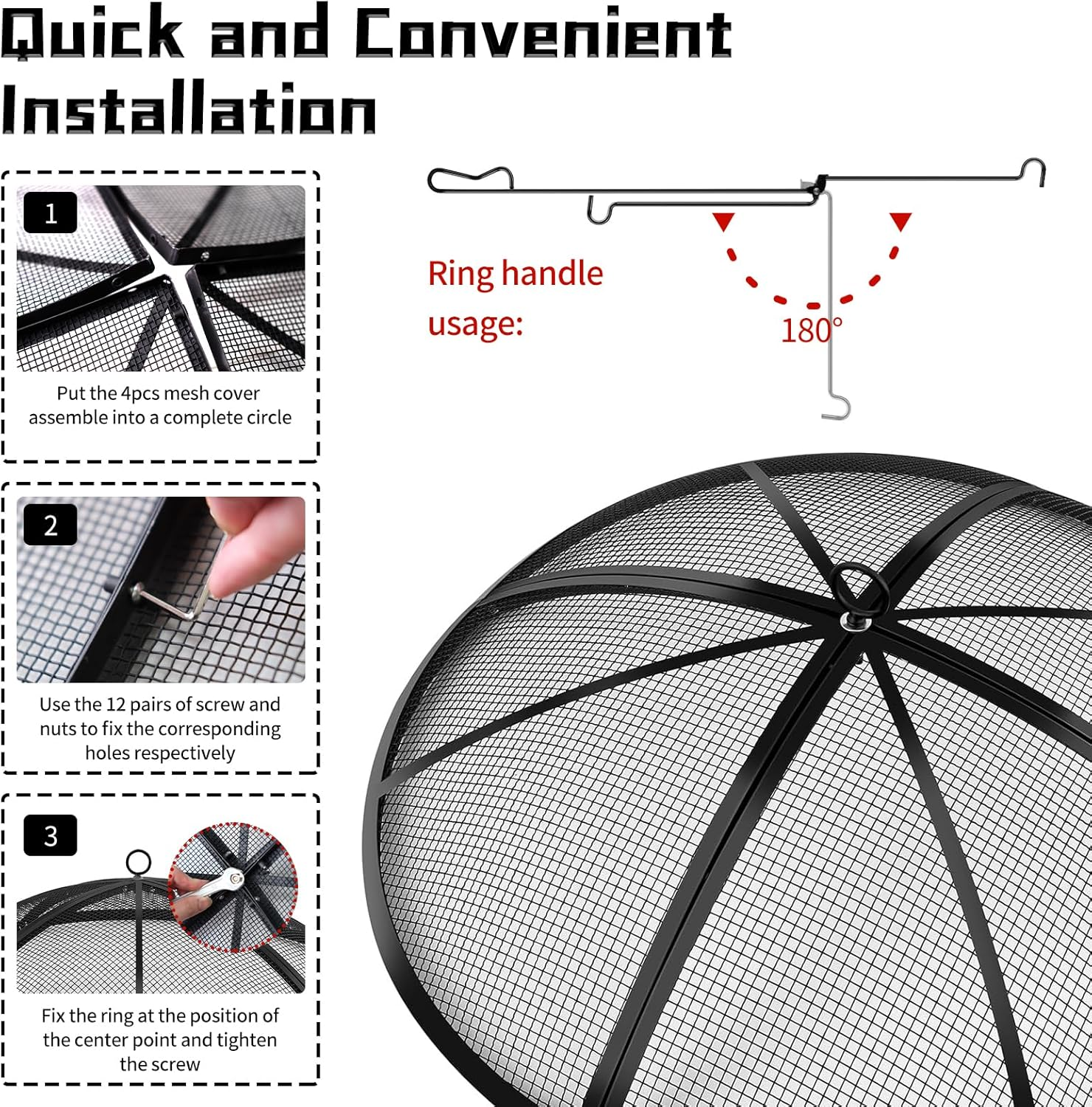 Fire Pit Spark Screen, Outdoor 22 Inch round Fire Pit Screen with Foldable Hook and Fire Safety Gloves, Heavy Duty Steel Mesh Fire Pit Cover, Fire Pit Lid for Backyard, Beach, RV Camping image number 6