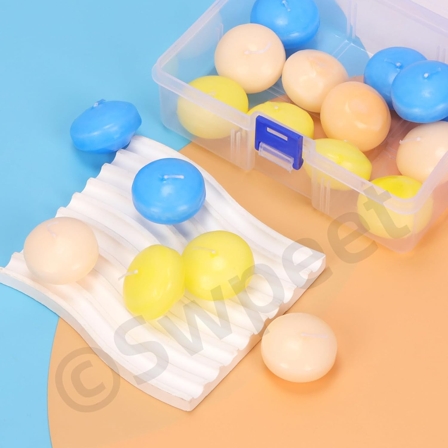 Swpeet 18Pcs 1.5 Inch Ivory/Yellow/Blue Unscented Floating Candles Set, Floating Discs Candles Driples Hand-Rolled Paraffin Wax Cotton Wicks for Centerpieces, Weddings, Parties and Christmas Home