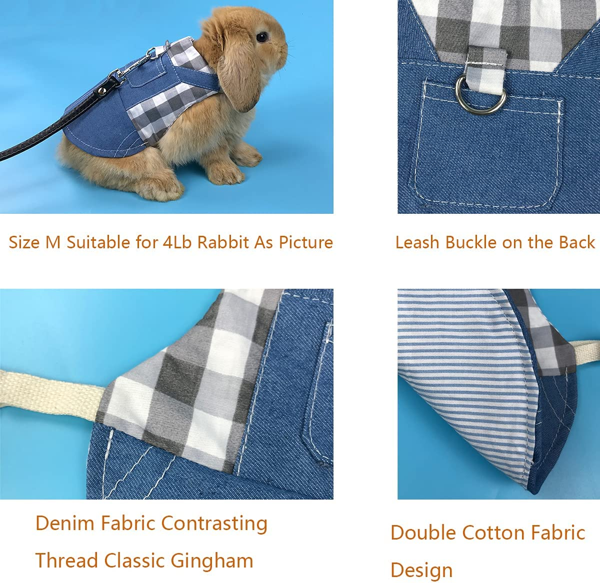 Vehomy Rabbit Harness and Leash Small Animal Clothes for Rabbit Guinea Pig, Bunny Plaid Harness Leash Guinea Pig Blue Denim Black and White Plaid Dress for Kitten Chihuahua and Other Small Animals L image number 3