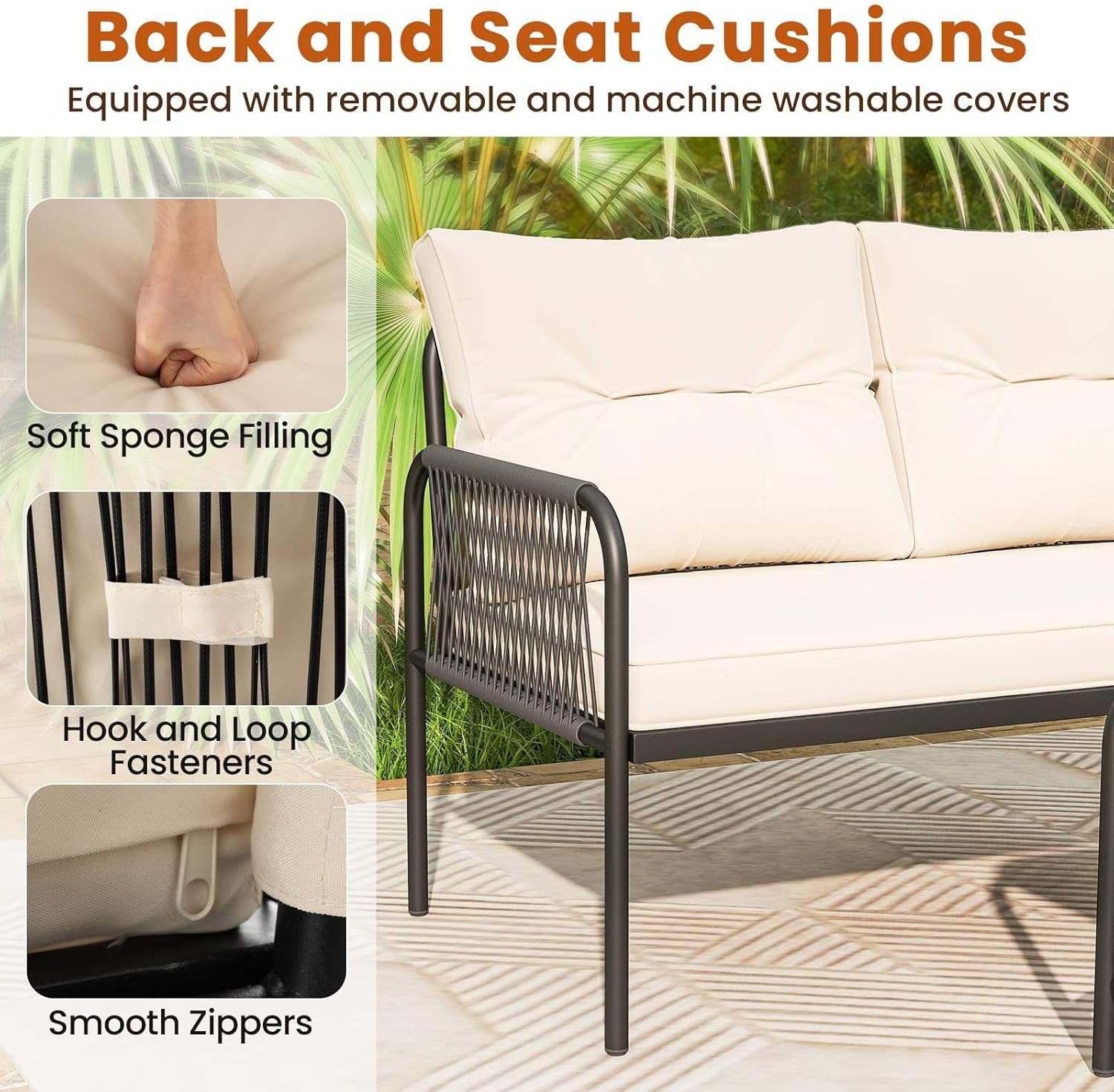 Costway 3-Piece Patio Sectional Sofa Set, Outdoor L-Shaped Furniture Set, Wicker Rattan Conversation Set with Thick Cushions, Detachable Lounger & Tempered Glass Coffee Table, for Yard, Poolside image number 2