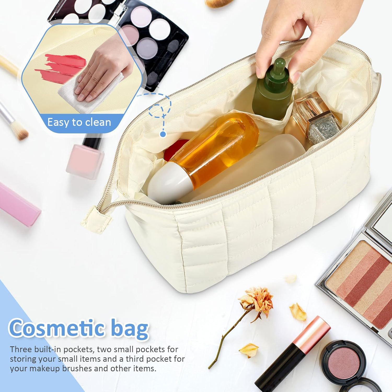 Makeup Bags, Large Capacity Travel Cosmetic Bag, Makeup Bags for Women, Lightweight Toiletry Travel Bag with 3 Inner Pockets, Travel Cosmetic Bags for Women Girls (Beige)