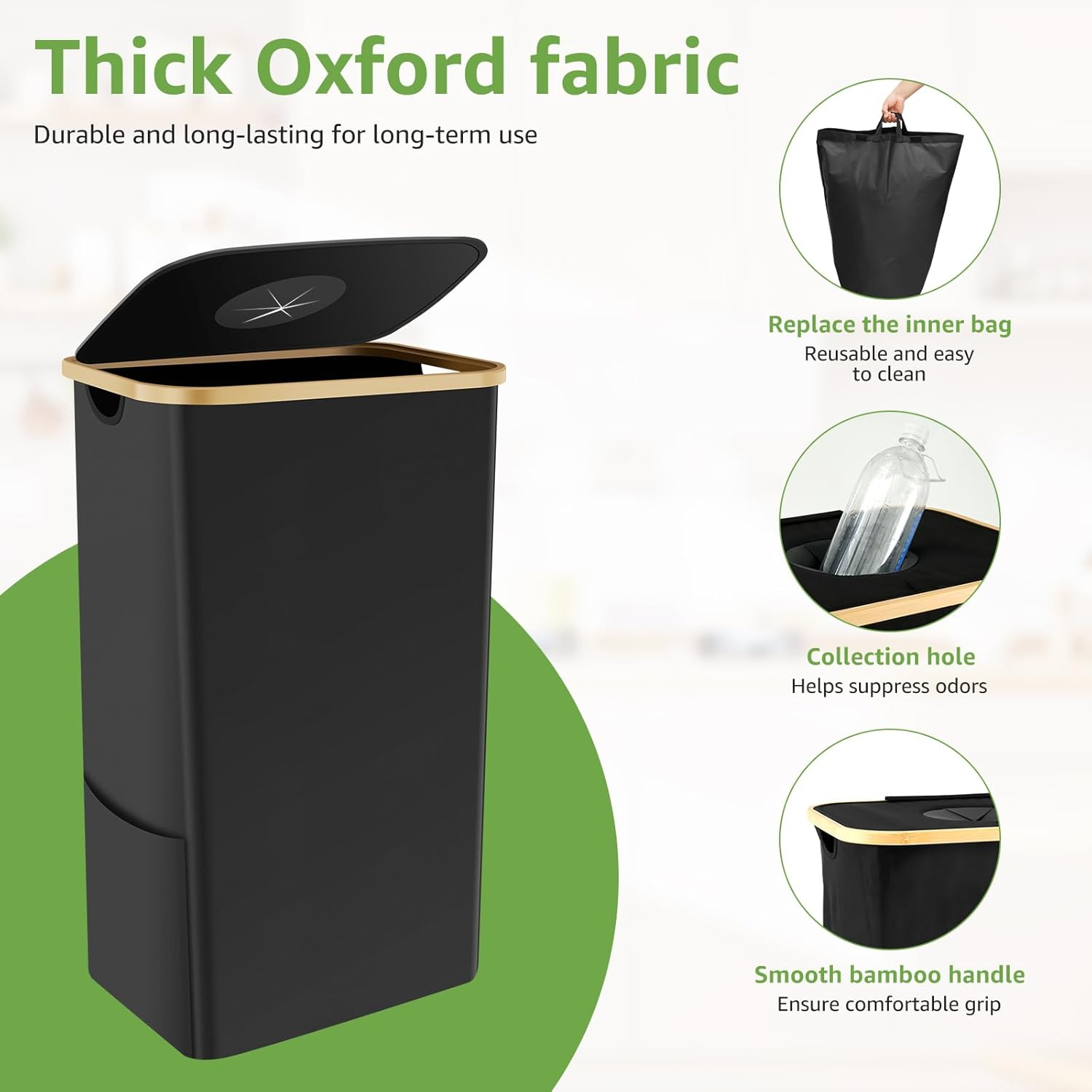 105L Recycling Bin Large Capacity Recycle Bin with Lid Removable Reusable Bag Foldable Collecting Bottle Can Portable Recycling Storage Container Bamboo Handle Recycle Bottle Bin for Kitchen Indoor image number 1