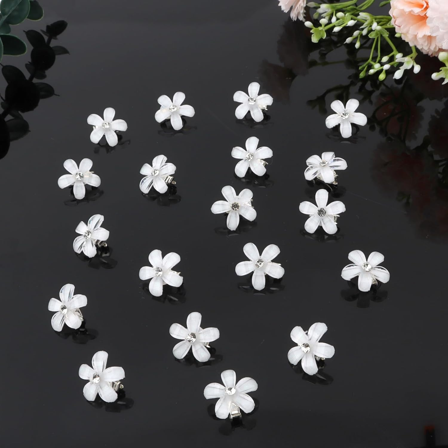 KIUEZIR Pack of 20 Small White Flowers Hair Clips Set - Smooth Crystal Surface with Rhinestones Decoration & Metal Clips, Mini Grip Clips for Women Everyday/Party/Wedding Hairstyles