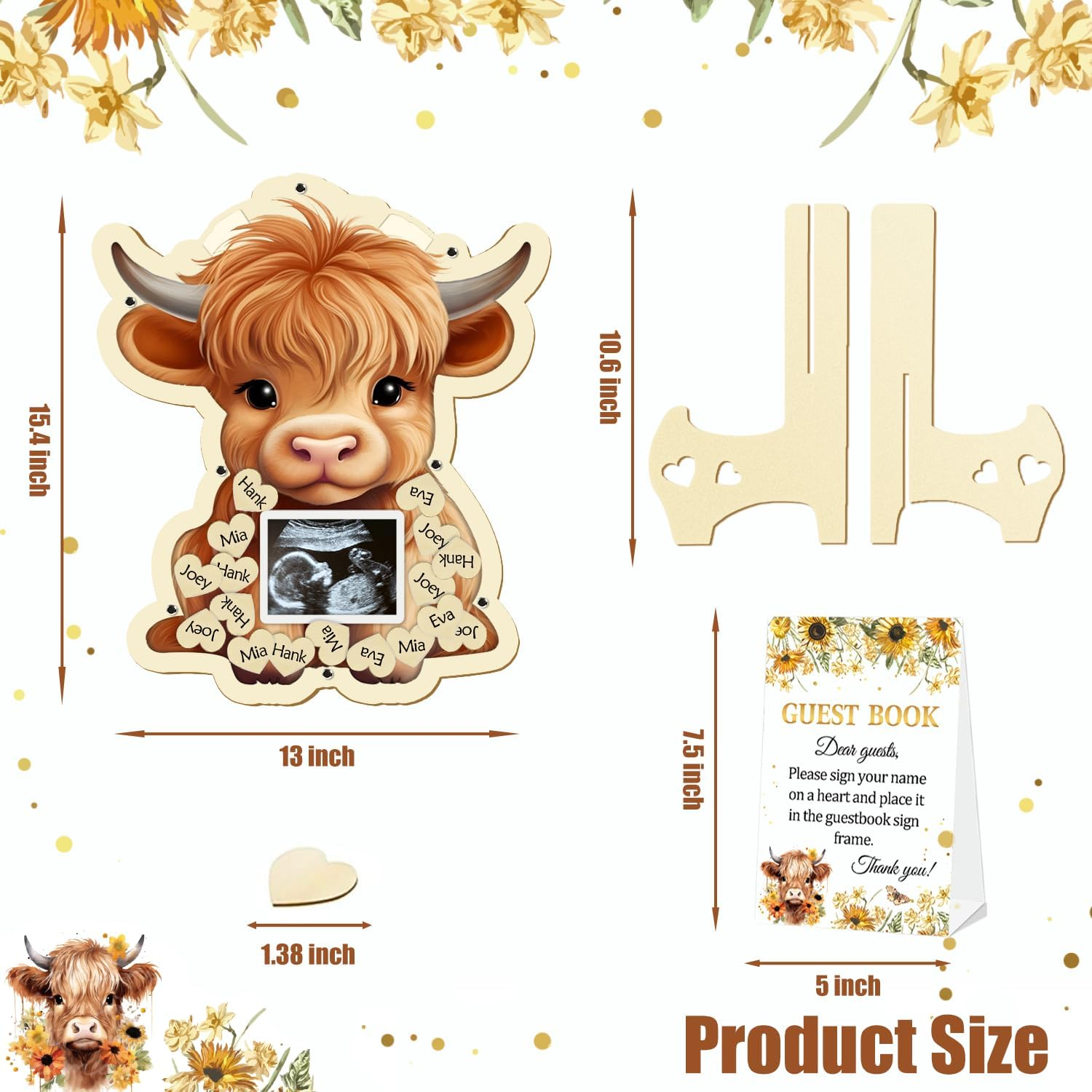65 Pcs Highland Cow Baby Shower Decorations Guest Book, Baby Shower Guest Book Alternatives with Photo Frame, 60 Wood Slices Cow Baby Shower Guest Book for Boys Grils Baby Shower image number 2