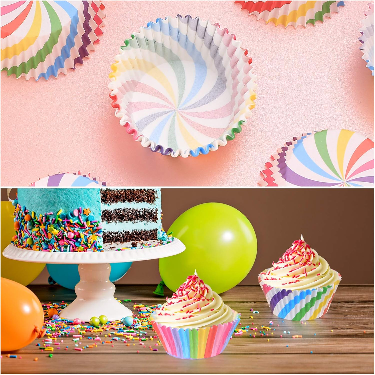 600 Pcs Cupcake Baking Cases, Muffin Cupcakes Paper Wrappers Cases Liners, Rainbow Baking Cups Wedding Birthday Party Liners Cases - 6 Styles image number 1