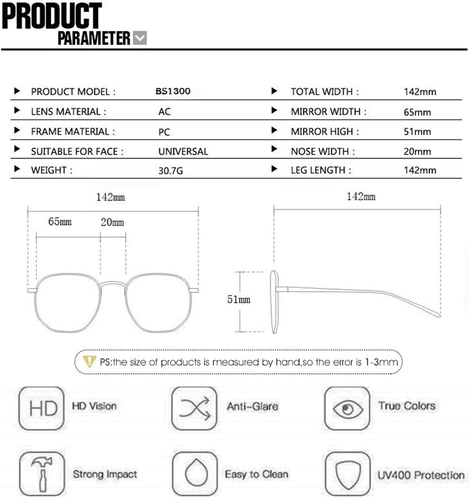 BAODAREN Trendy Aviator Sunglasses for Women Men Hexagonal Square Thick Frame Double Bridge Sun Glasses Shades BS1300 - Black/Grey image number 7