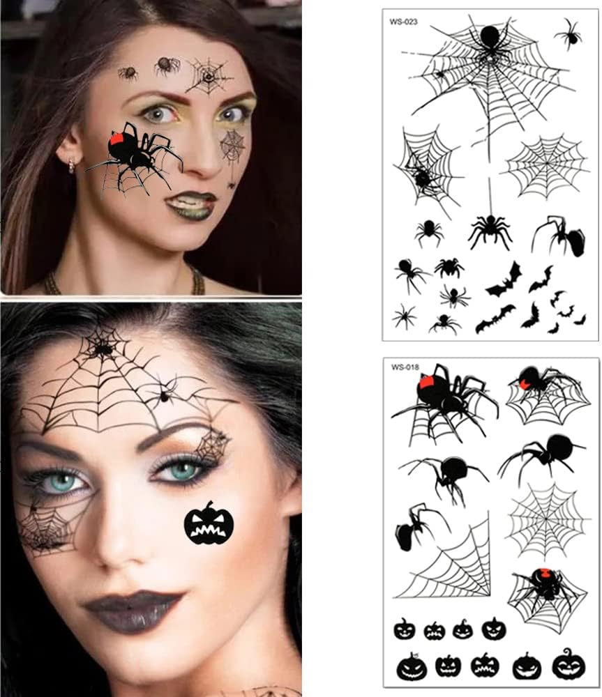 Halloween Tattoos Day of the Dead Temporary Tattoos Face Fake Stickers for Halloween Party Decoration 9Sheet Spider Scar Skull Body Makeup Decals - Christams image number 3