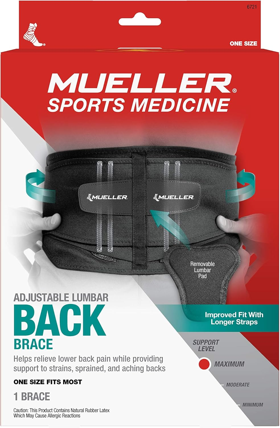 Mueller Sports Medicine Lumbar Support Back Brace with Removable Pad, Black, One Size image number 1