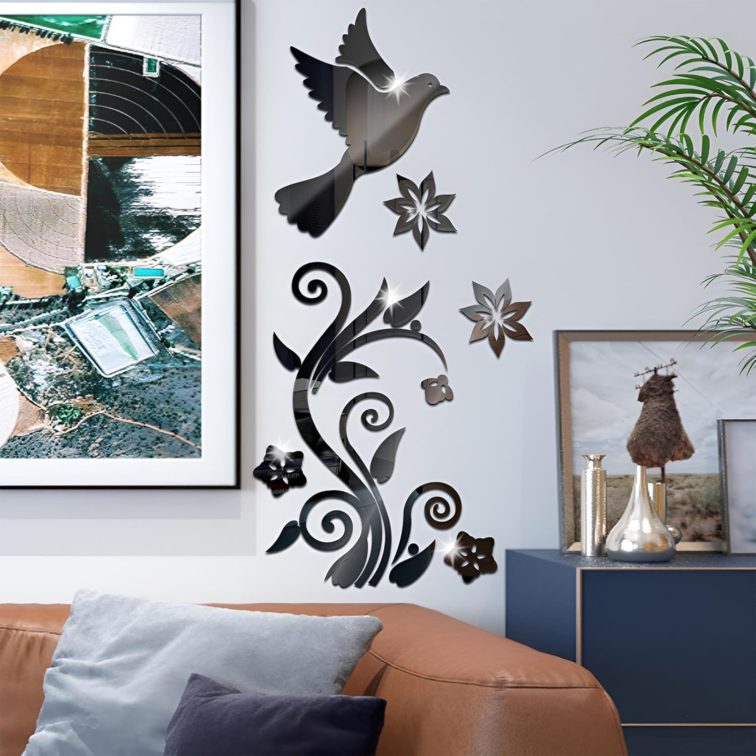 WUMUZAI Pigeon Flower 3D Acrylic Mirror Wall Stickers, Flying Bird Mirror Wall Decals Peel and Stick, Self Adhesive Wall Art Modern Home Decor for Living Room Sofa Backdrop Decoration (Silver)