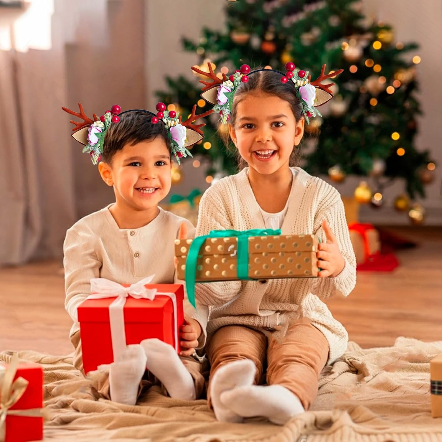Christmas Antlers Headband, Reindeer Ears Headband, Antlers Floral Hair Band for Christmas Party, Christmas Hair Band, Christmas Party Headpiece for Women Girls, Christmas Party Festival image number 3