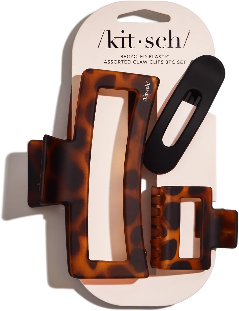 Kitsch Assorted Hair Claw Clips for Women, Recycled Plastic Large Claw Clips & Medium Rectangle Claw Clips & Small Open, Shaped Flat Lay Hair Clip, Matte Claw Clip - 3 Pcs Black & Tortoise