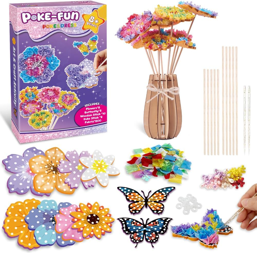 Poke Flower Arts & Craft Kits for Kids - DIY Poke-In Art Flower Bouquet with 8 Flowers 2 Butterflies for Girls Birthday Presents Party Favors Classroom Art Activity Flower Gifts for Girls Toys Age 4+ image number 4
