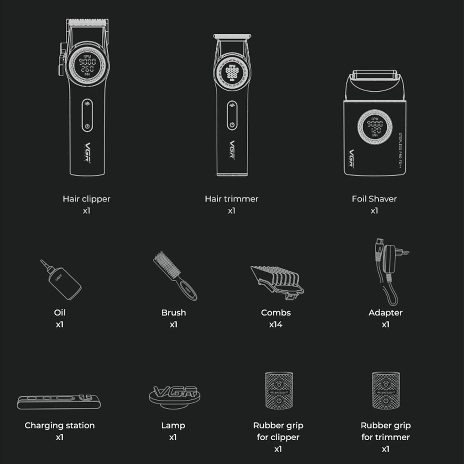 VGR 3-In-1 Professional Hair Trimmer Set with Men'S Hair Trimmer, Trimmer and Razor, Equipped with Improved Motor, Integrated Charging Station, LED Display and Storage Box, Black