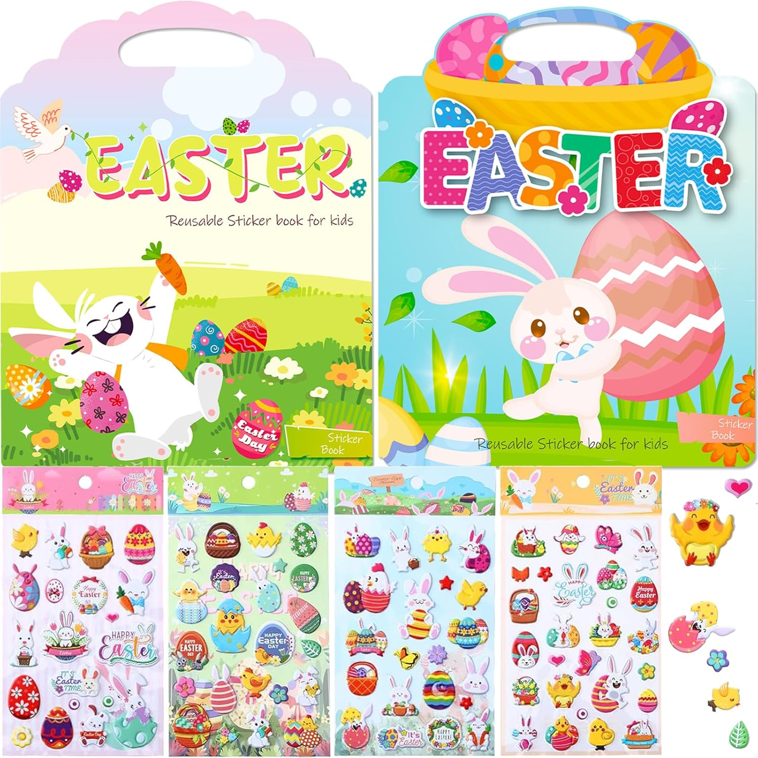 2 Pack Reusable Easter Puffy Sticker Book for Kids, Rabbit Egg Carrots Chicke,91 Foam Stickers for Easter Party Favors image number 3