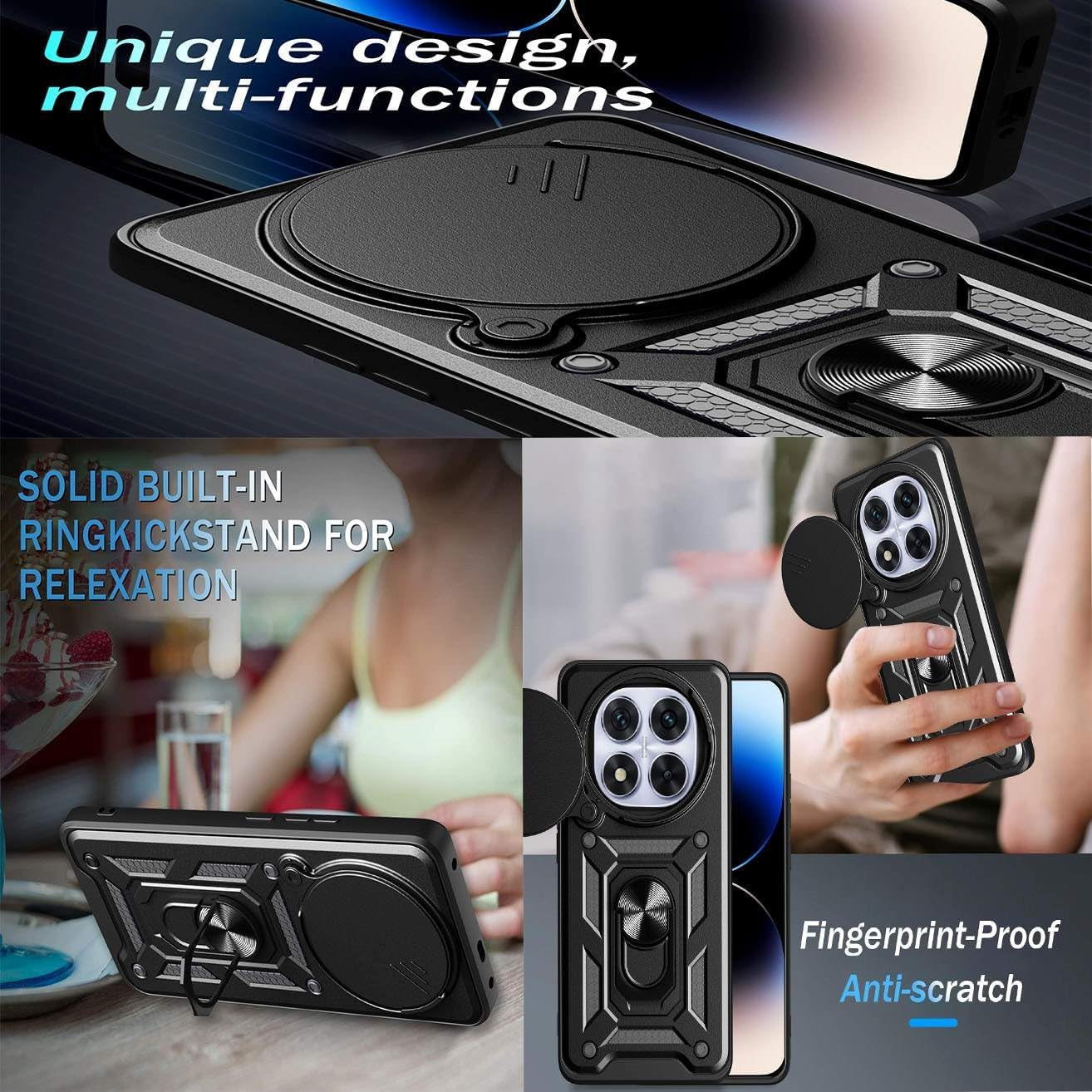 YUEQIAN Case for Xiaomi Redmi Note 14 Pro+ plus 5G, Sliding Camera Cover & Rotating Stand Ring Shockproof Mobile Phone Case, Hard PC + TPU Military Armour Scratch-Resistant Protective Case, Black - Red image number 3