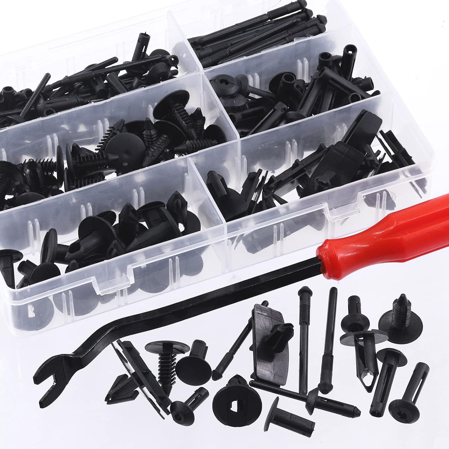 Swpeet 111Pcs 5 in 1 Fastener Bumper Retainer Clips Car Clips with Fastener Remover Kit, Plastic Rivets Grille Fender Flare Hardware Compatible with 2007-2022 Jeep Wrangler & 2005-2010 Grand Cherokee image number 1