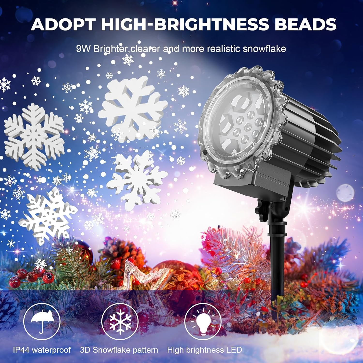 The Latest 3D Snowflake Projector Lights,Indoor Outdoor Waterproof Snowfall Lamp Night Light Projection,9 Watts Super Brighter,Led Christmas Projector Lights for 2026 New Year,Winter,Xmas,Home Decor image number 2