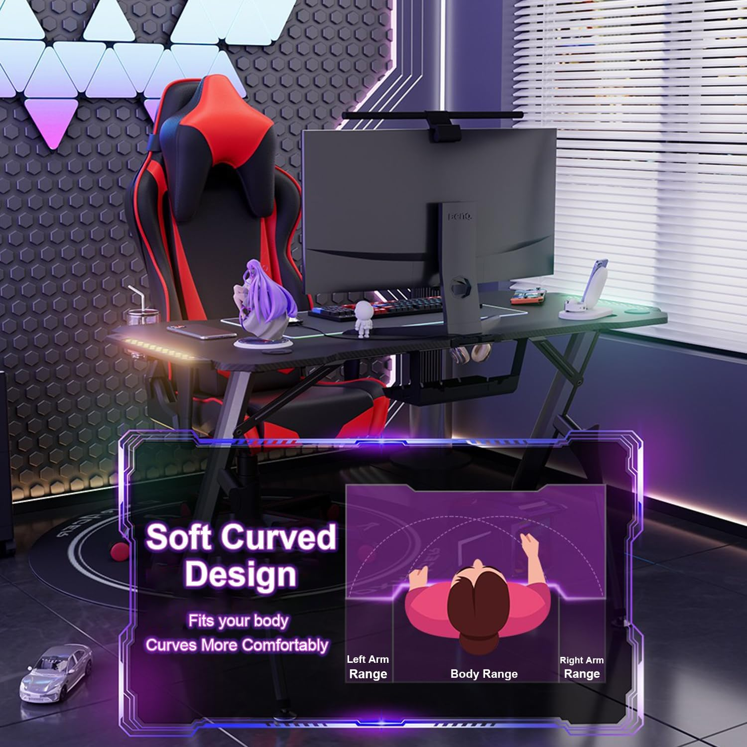 Gaming Desk Computer Desk: 160Cm LED RGB Light Home Desk Study Desk with Carbon Fiber Surface Video Game Table with Cable Management Box, Cup Holder, Headphone Hook and Mouse Pad (TD-02) - Td-02 image number 3