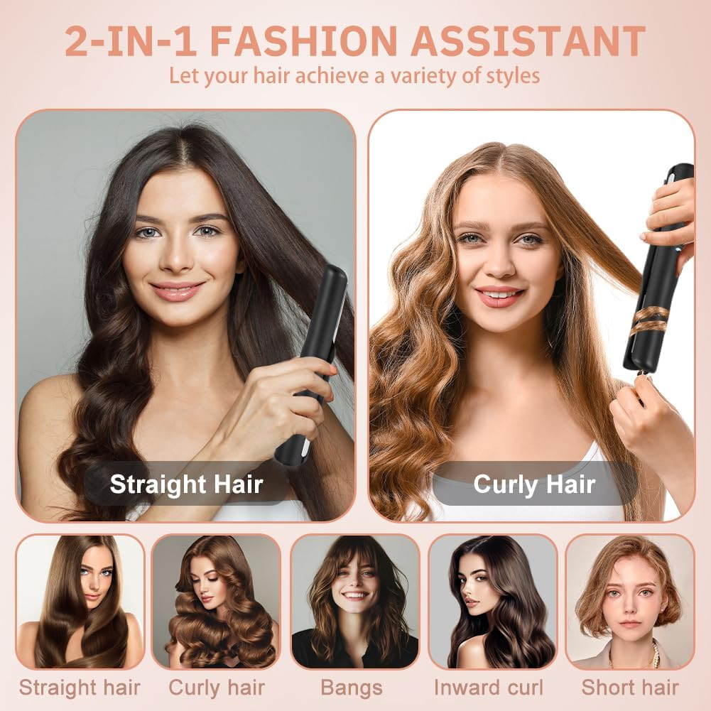 Alaoo Wireless Hair Straightener, 2 in 1 Ceramic Hair Straightener, 4 Temperature, Adjustable Temperature 140 &deg;C - 200 &deg;C, Curler Straightener for Women, Holidays, Travel, Camping Styling, Black